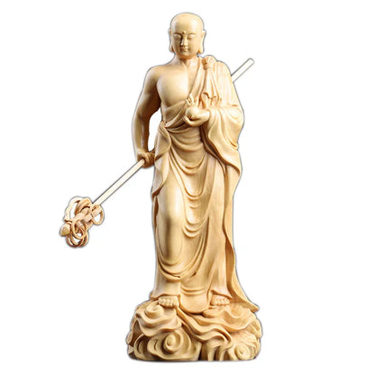 20CM  Wood Buddha Statue Boxwood Ksitigarbha Sculpture Dizang Wang Bodhisattva Worship Home Decor Crafts