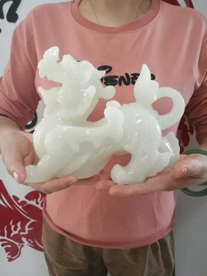 20CM  office home Southeast Asia FENG SHUI Talisman Money Drawing GOOD LUCK dragon PI XIU white jade Sculpture ART statue
