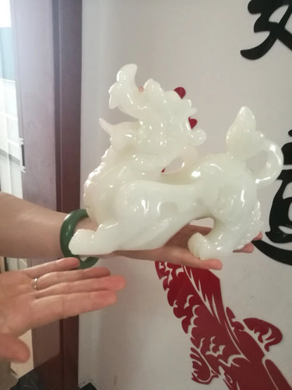 20CM  office home Southeast Asia FENG SHUI Talisman Money Drawing GOOD LUCK dragon PI XIU white jade Sculpture ART statue