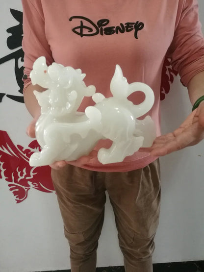 20CM  office home Southeast Asia FENG SHUI Talisman Money Drawing GOOD LUCK dragon PI XIU white jade Sculpture ART statue