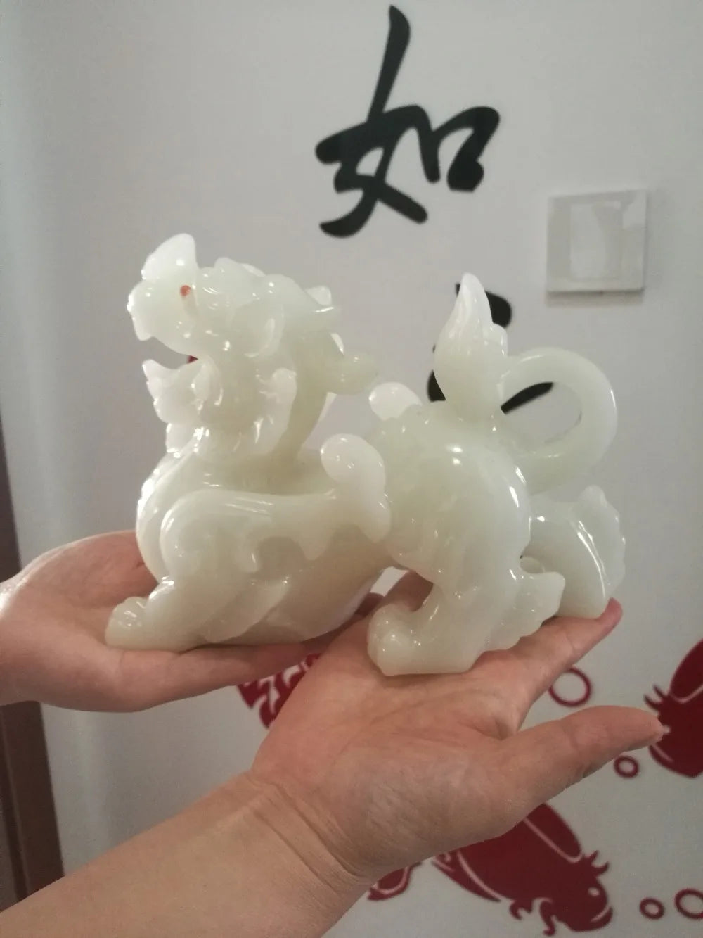 20CM  office home Southeast Asia FENG SHUI Talisman Money Drawing GOOD LUCK dragon PI XIU white jade Sculpture ART statue