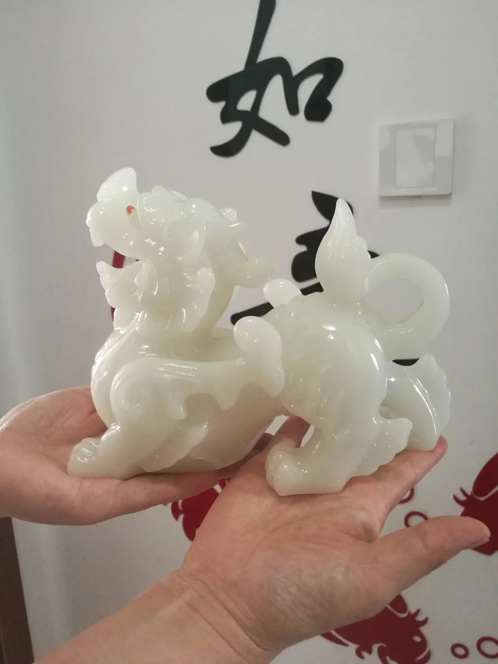 20CM  office home Southeast Asia FENG SHUI Talisman Money Drawing GOOD LUCK dragon PI XIU white jade Sculpture ART statue
