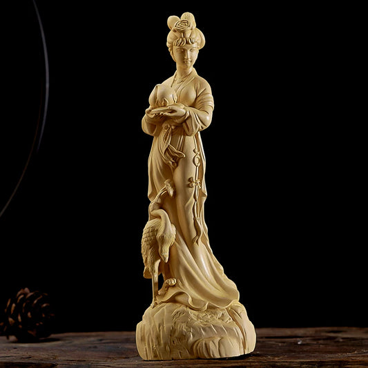 20cm Beauty Boxwood Sculpture Feng Shui Birthday Gift Solid Wood Statue Chinese Girl Home Decor