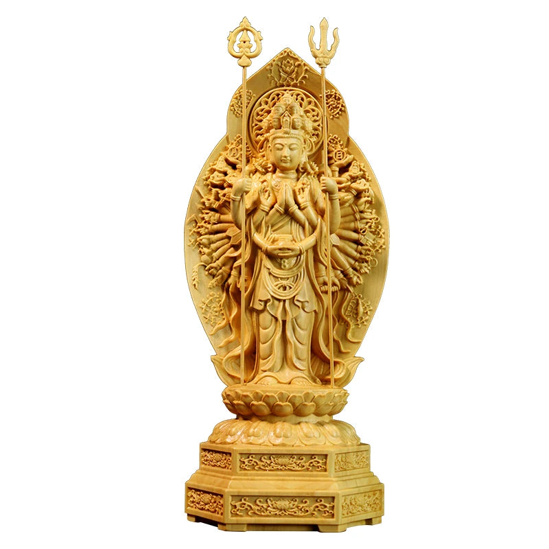 20cm Boxwood Carving Feng Shui Sculpture Home Decor Solid Wood Buddha Statue Thousand-Hand Guanyin Home Decor
