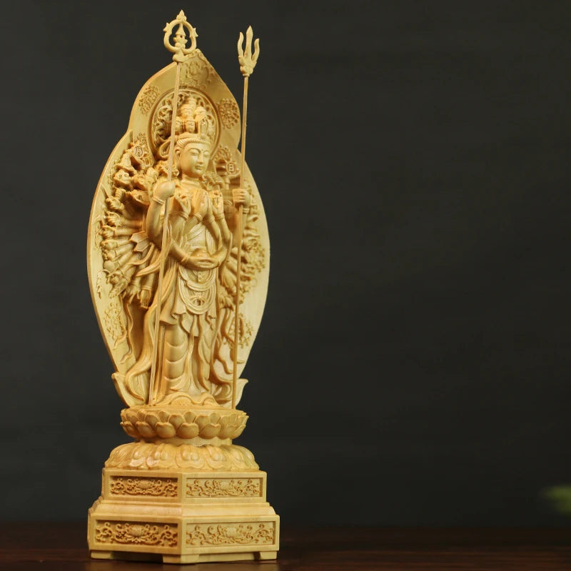 20cm Boxwood Carving Feng Shui Sculpture Home Decor Solid Wood Buddha Statue Thousand-Hand Guanyin Home Decor