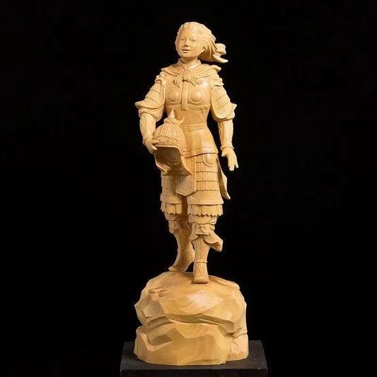 20cm Boxwood Historical Female Hero Hua Mu Lan Solid Wood Statue Traditional Figures Hand-carved Home Decor