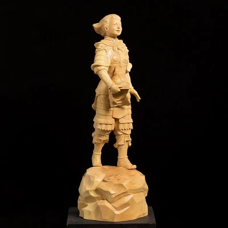20cm Boxwood Historical Female Hero Hua Mu Lan Solid Wood Statue Traditional Figures Hand-carved Home Decor