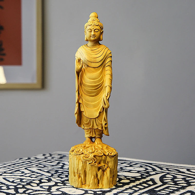 20cm Boxwood Sculpture Wood Buddha Statue Shakyamuni Buddha Home Feng Shui Crafts Ornaments Home Decor