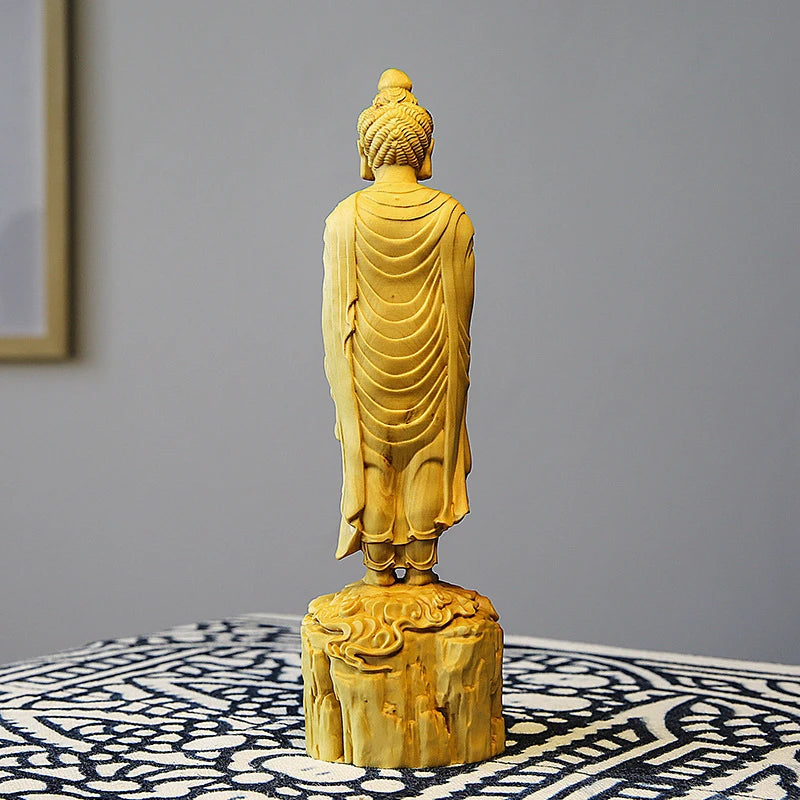 20cm Boxwood Sculpture Wood Buddha Statue Shakyamuni Buddha Home Feng Shui Crafts Ornaments Home Decor