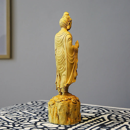 20cm Boxwood Sculpture Wood Buddha Statue Shakyamuni Buddha Home Feng Shui Crafts Ornaments Home Decor