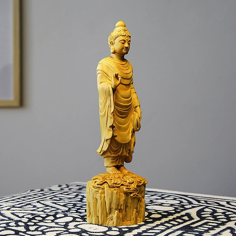 20cm Boxwood Sculpture Wood Buddha Statue Shakyamuni Buddha Home Feng Shui Crafts Ornaments Home Decor
