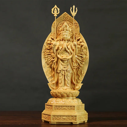 20cm Boxwood Thousand-Hand Guanyin Carving  Sculpture Feng Shui Home Decor Solid Wood Buddha Statue Home Decor