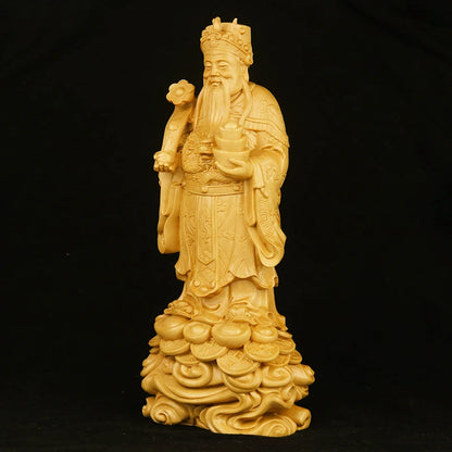20cm God of Wealth Boxwood Sculpture Feng Shui Solid Wood Figures Statue Lucky Buddha Business Gifts Home Decor