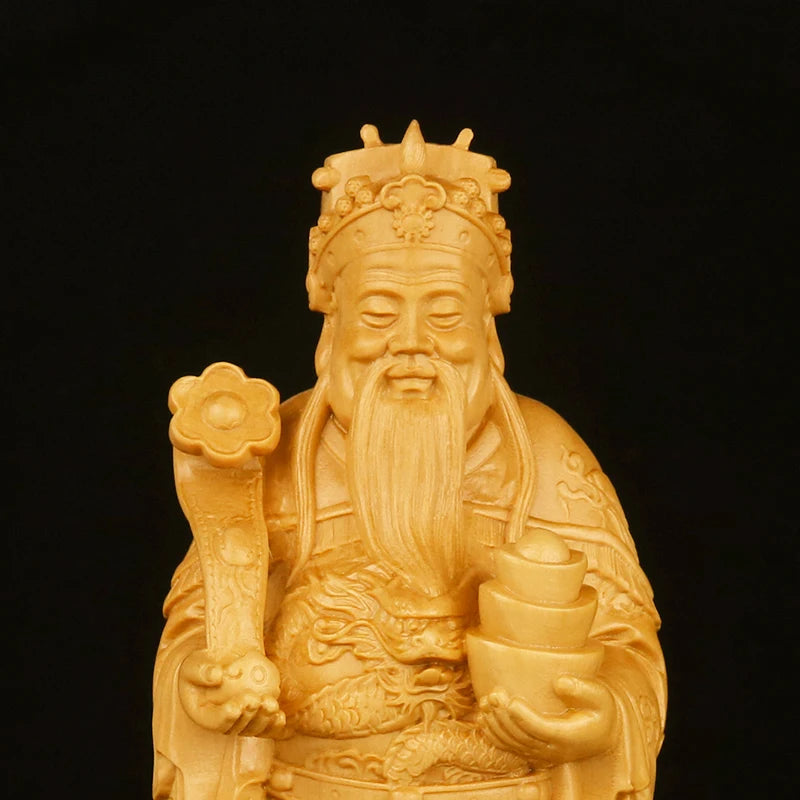 20cm God of Wealth Boxwood Sculpture Feng Shui Solid Wood Figures Statue Lucky Buddha Business Gifts Home Decor
