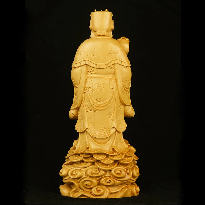 20cm God of Wealth Boxwood Sculpture Feng Shui Solid Wood Figures Statue Lucky Buddha Business Gifts Home Decor