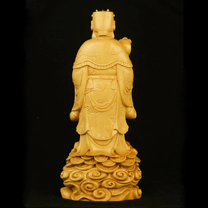 20cm God of Wealth Boxwood Sculpture Feng Shui Solid Wood Figures Statue Lucky Buddha Business Gifts Home Decor