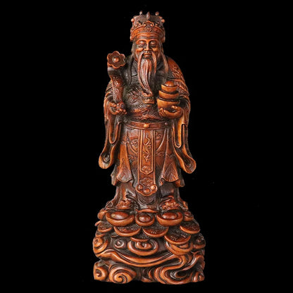 20cm God of Wealth Boxwood Sculpture Feng Shui Solid Wood Figures Statue Lucky Buddha Business Gifts Home Decor