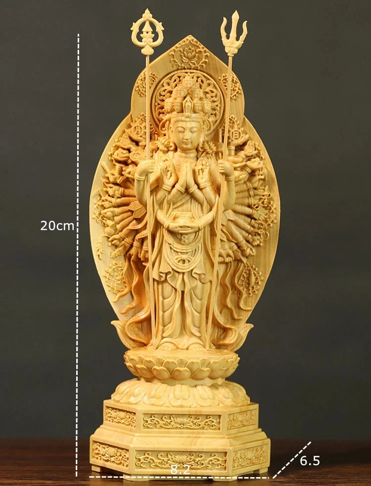 20cm Guanyin Writing Buddha Statue Thousand Arms Home Wood Carving Feng Shui Carving Madonna Ornaments