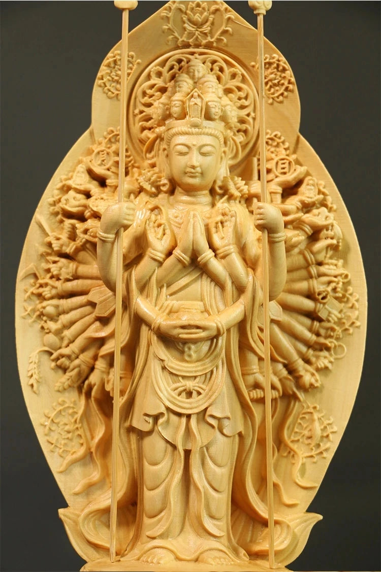 20cm Guanyin Writing Buddha Statue Thousand Arms Home Wood Carving Feng Shui Carving Madonna Ornaments