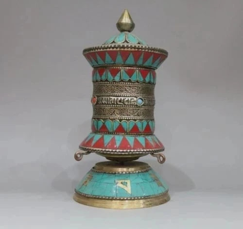20cm */Old Tibet and Nepal, gilt bronze inlaid turquoise rotating the scriptures metal handicraft