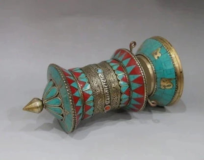 20cm */Old Tibet and Nepal, gilt bronze inlaid turquoise rotating the scriptures metal handicraft