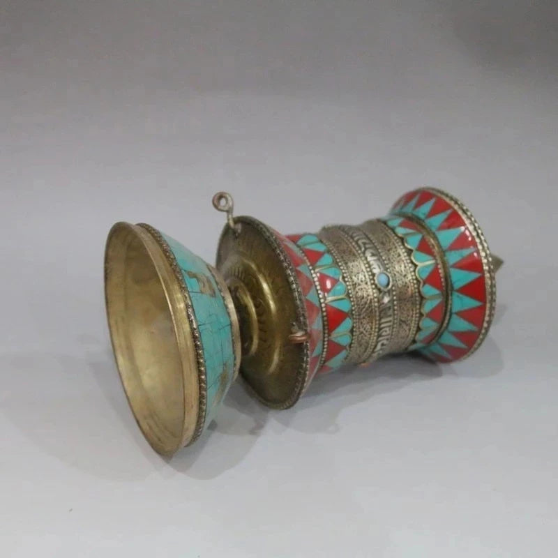 20cm */Old Tibet and Nepal, gilt bronze inlaid turquoise rotating the scriptures metal handicraft