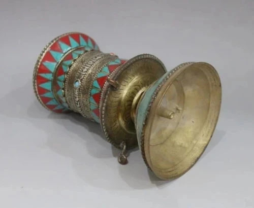 20cm */Old Tibet and Nepal, gilt bronze inlaid turquoise rotating the scriptures metal handicraft