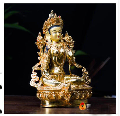 20cm TALL# GOOD Green Tara Buddha Buddhist bless family home Safety Health wealth efficacious Protection gilding Buddha statue