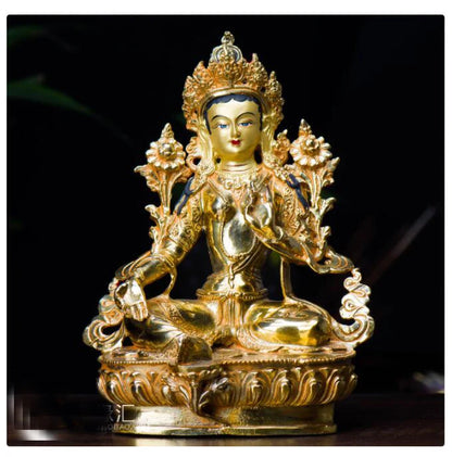 20cm TALL# GOOD Green Tara Buddha Buddhist bless family home Safety Health wealth efficacious Protection gilding Buddha statue