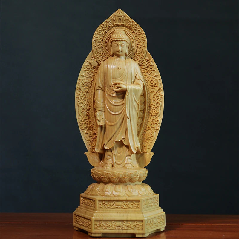 20cm Three Buddha Boxwood Statue Hall Consecrate Amitabha Guanyin Western Bodhisattva Decoration Buddha Sculpture