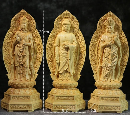 20cm Wood Carved Buddha Statue, Buddhist Decoration, Amitabha, Guanyin, Bodhisattva, Western Trinity, Feng Shui