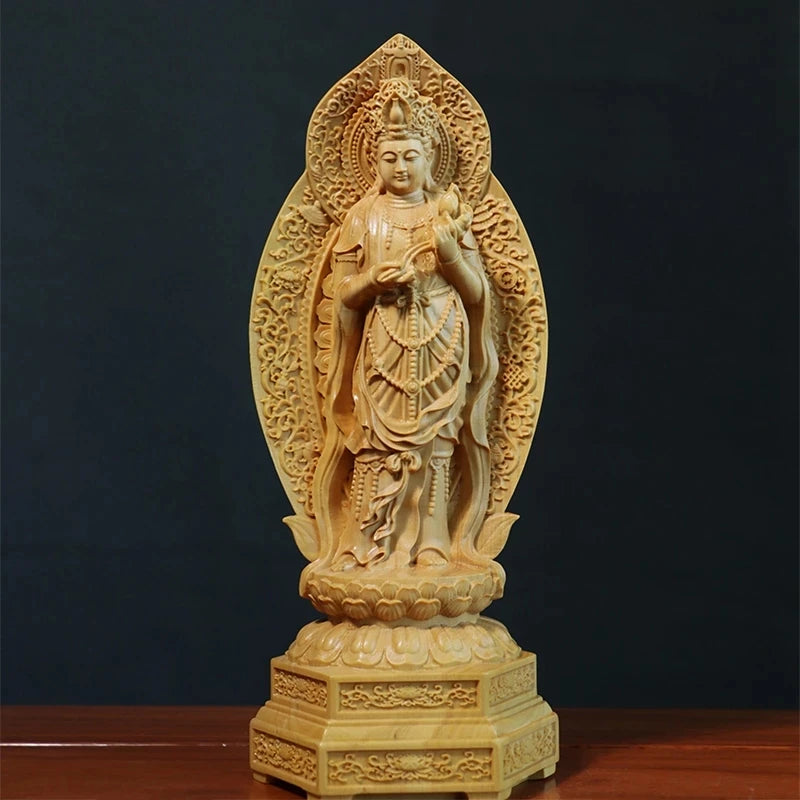 20cm Wood Carved Buddha Statue, Buddhist Decoration, Amitabha, Guanyin, Bodhisattva, Western Trinity, Feng Shui