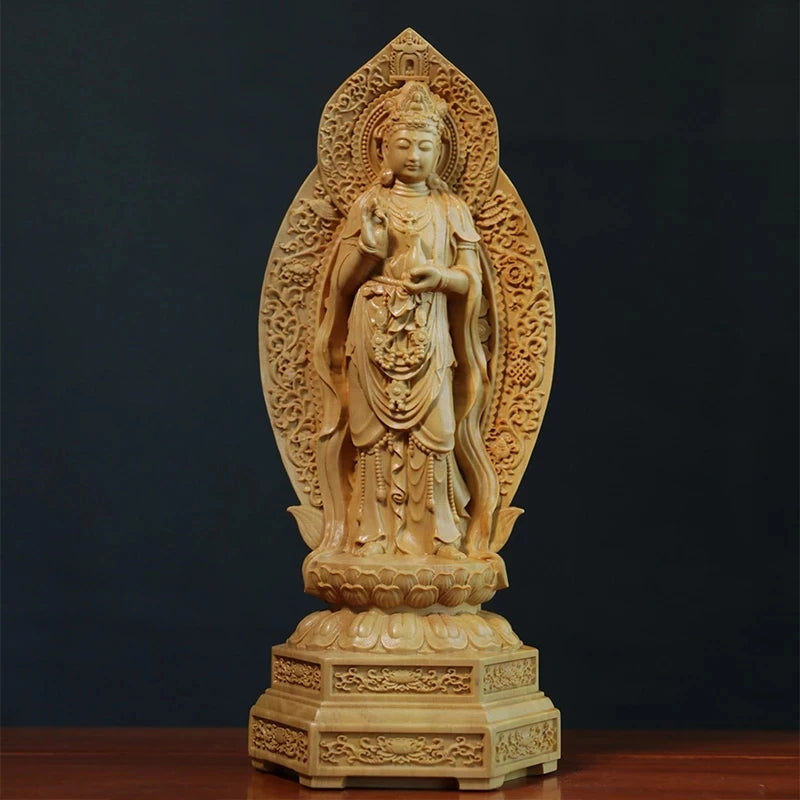 20cm Wood Carved Buddha Statue, Buddhist Decoration, Amitabha, Guanyin, Bodhisattva, Western Trinity, Feng Shui