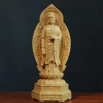 20cm Wood Carved Buddha Statue, Buddhist Decoration, Amitabha, Guanyin, Bodhisattva, Western Trinity, Feng Shui