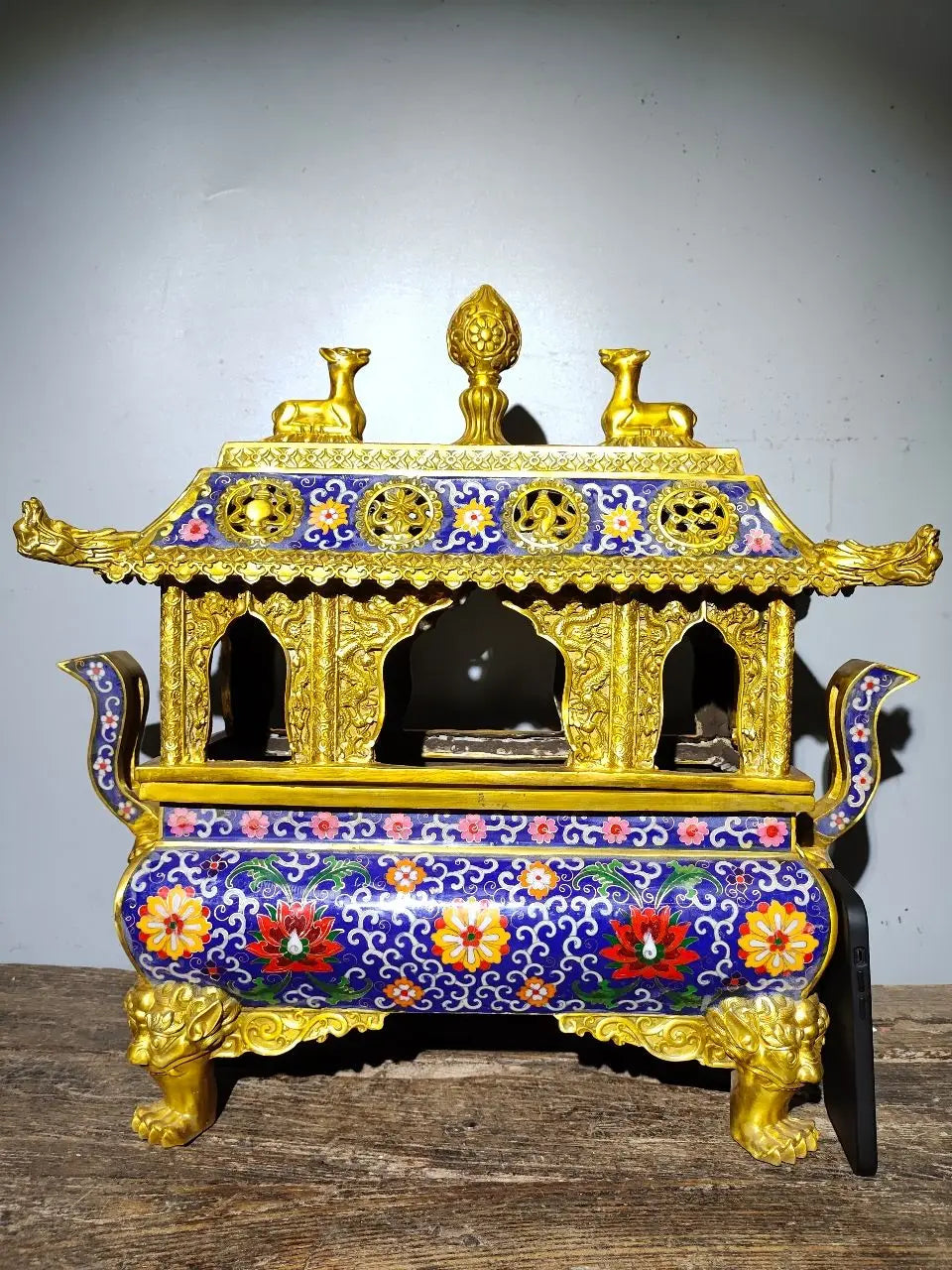 21"Tibet Temple Collection Old Bronze Cloisonne Enamel Eight Immortals Beast head Four legged incense burner Town house Exorcism