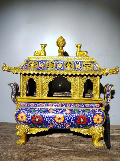 21"Tibet Temple Collection Old Bronze Cloisonne Enamel Eight Immortals Beast head Four legged incense burner Town house Exorcism