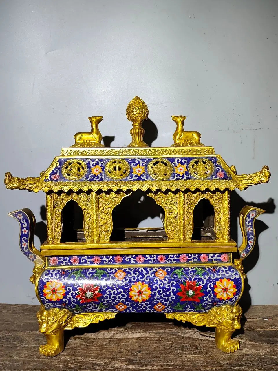 21"Tibet Temple Collection Old Bronze Cloisonne Enamel Eight Immortals Beast head Four legged incense burner Town house Exorcism