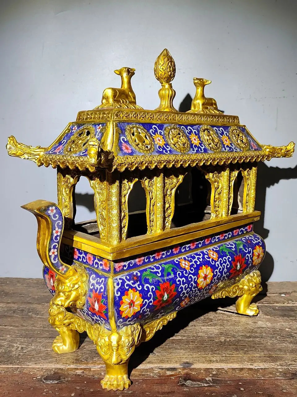 21"Tibet Temple Collection Old Bronze Cloisonne Enamel Eight Immortals Beast head Four legged incense burner Town house Exorcism
