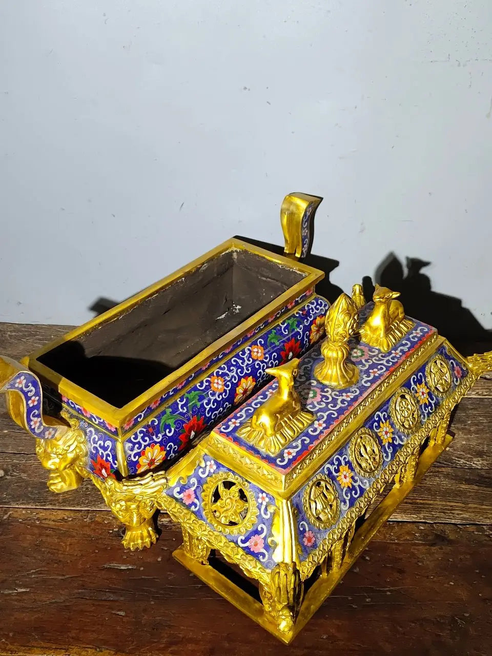 21"Tibet Temple Collection Old Bronze Cloisonne Enamel Eight Immortals Beast head Four legged incense burner Town house Exorcism