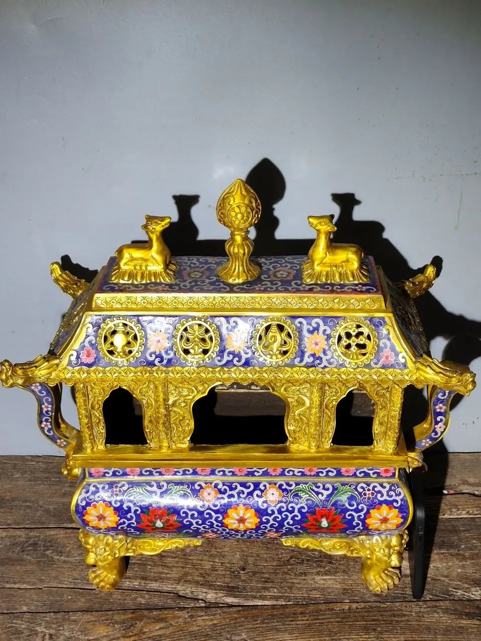 21"Tibet Temple Collection Old Bronze Cloisonne Enamel Eight Immortals Beast head Four legged incense burner Town house Exorcism