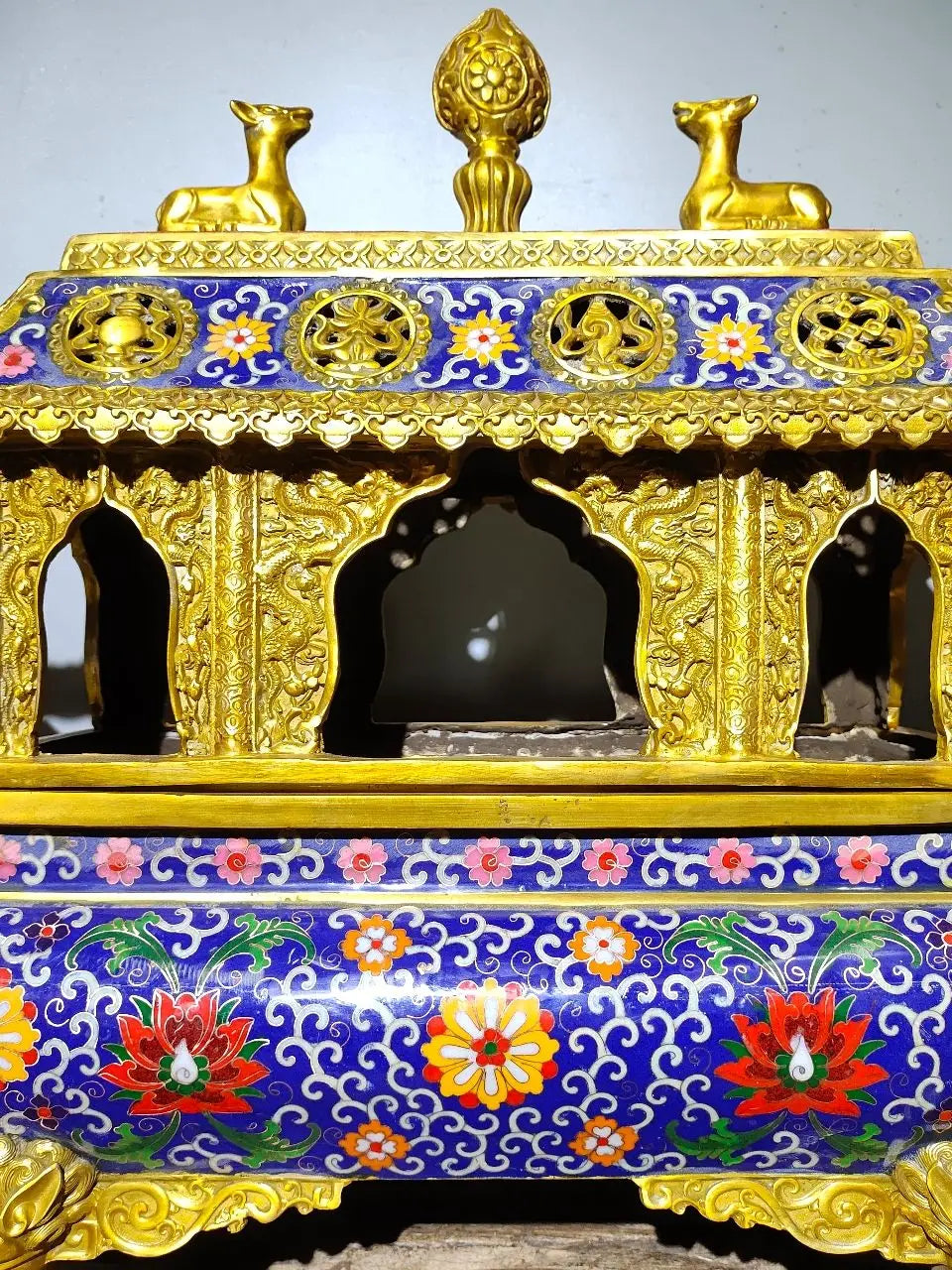 21"Tibet Temple Collection Old Bronze Cloisonne Enamel Eight Immortals Beast head Four legged incense burner Town house Exorcism