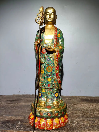21"Tibet Temple Collection Old Bronze Cloisonne Enamel Flower texture Ksitigarbha Bodhisattva Buddha Worship Hall Town house