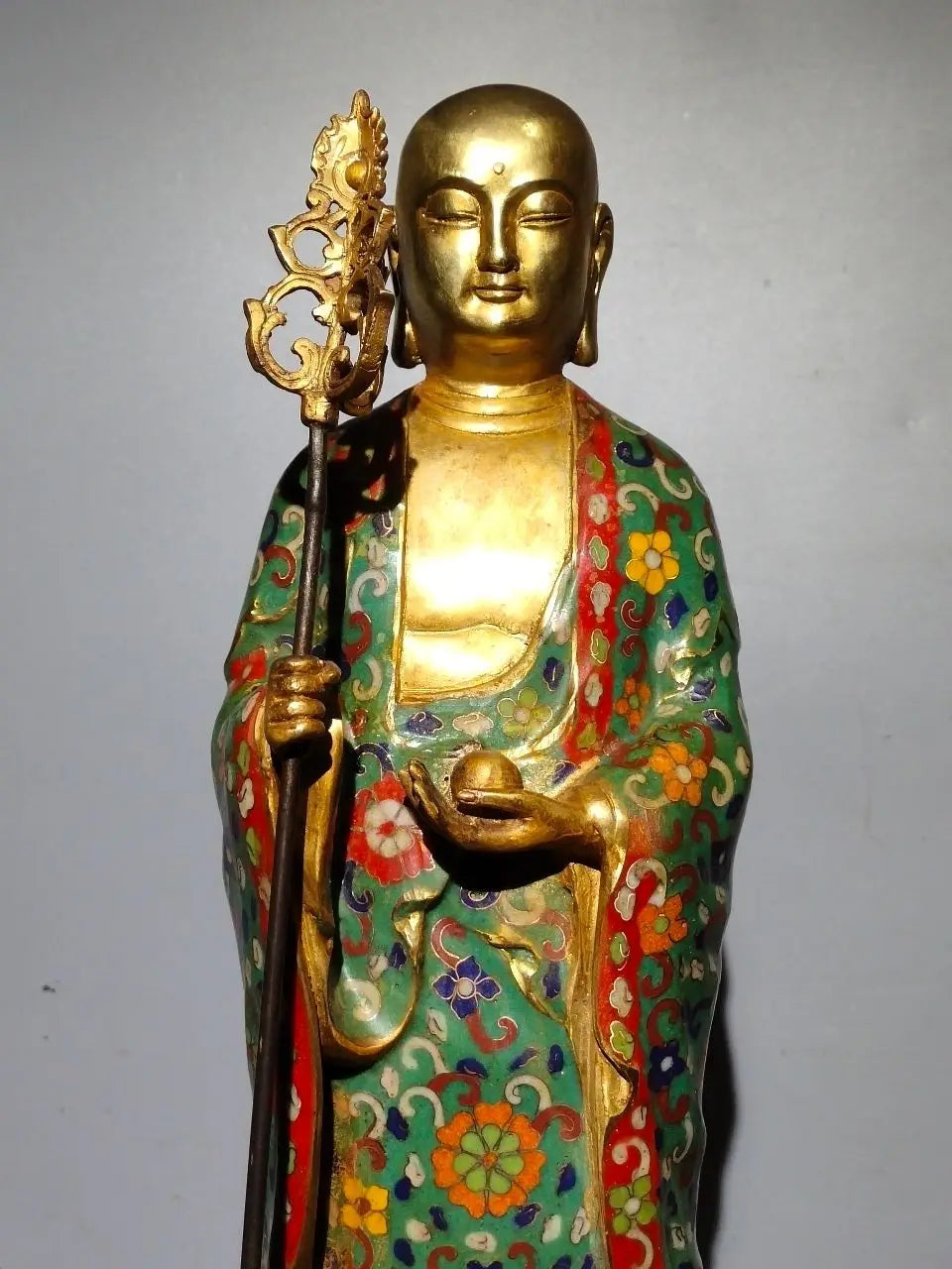 21"Tibet Temple Collection Old Bronze Cloisonne Enamel Flower texture Ksitigarbha Bodhisattva Buddha Worship Hall Town house