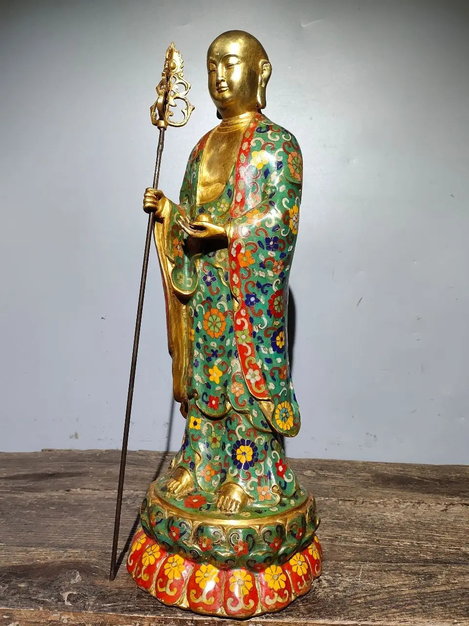 21"Tibet Temple Collection Old Bronze Cloisonne Enamel Flower texture Ksitigarbha Bodhisattva Buddha Worship Hall Town house