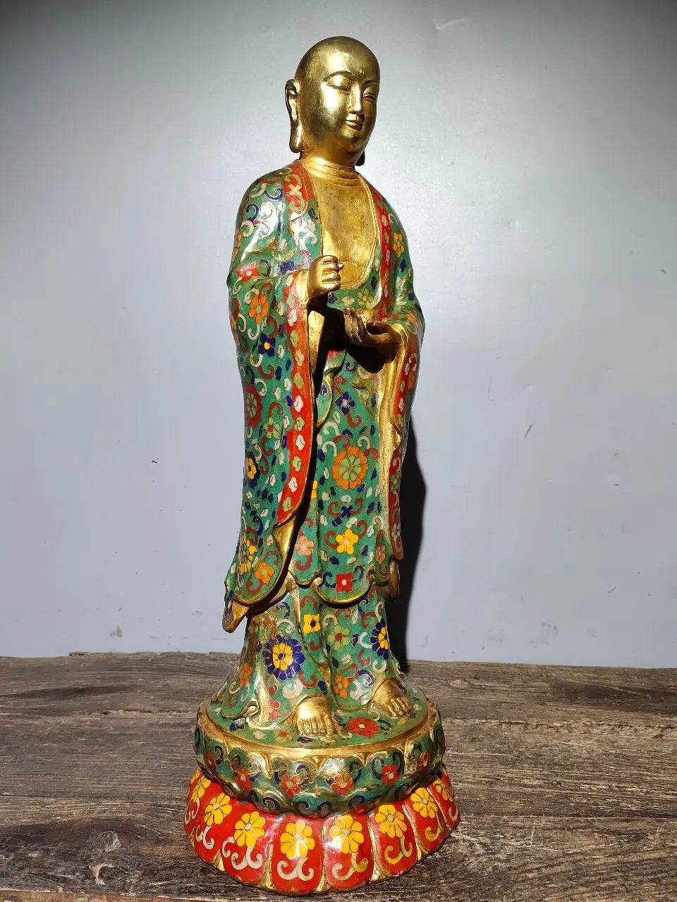 21"Tibet Temple Collection Old Bronze Cloisonne Enamel Flower texture Ksitigarbha Bodhisattva Buddha Worship Hall Town house