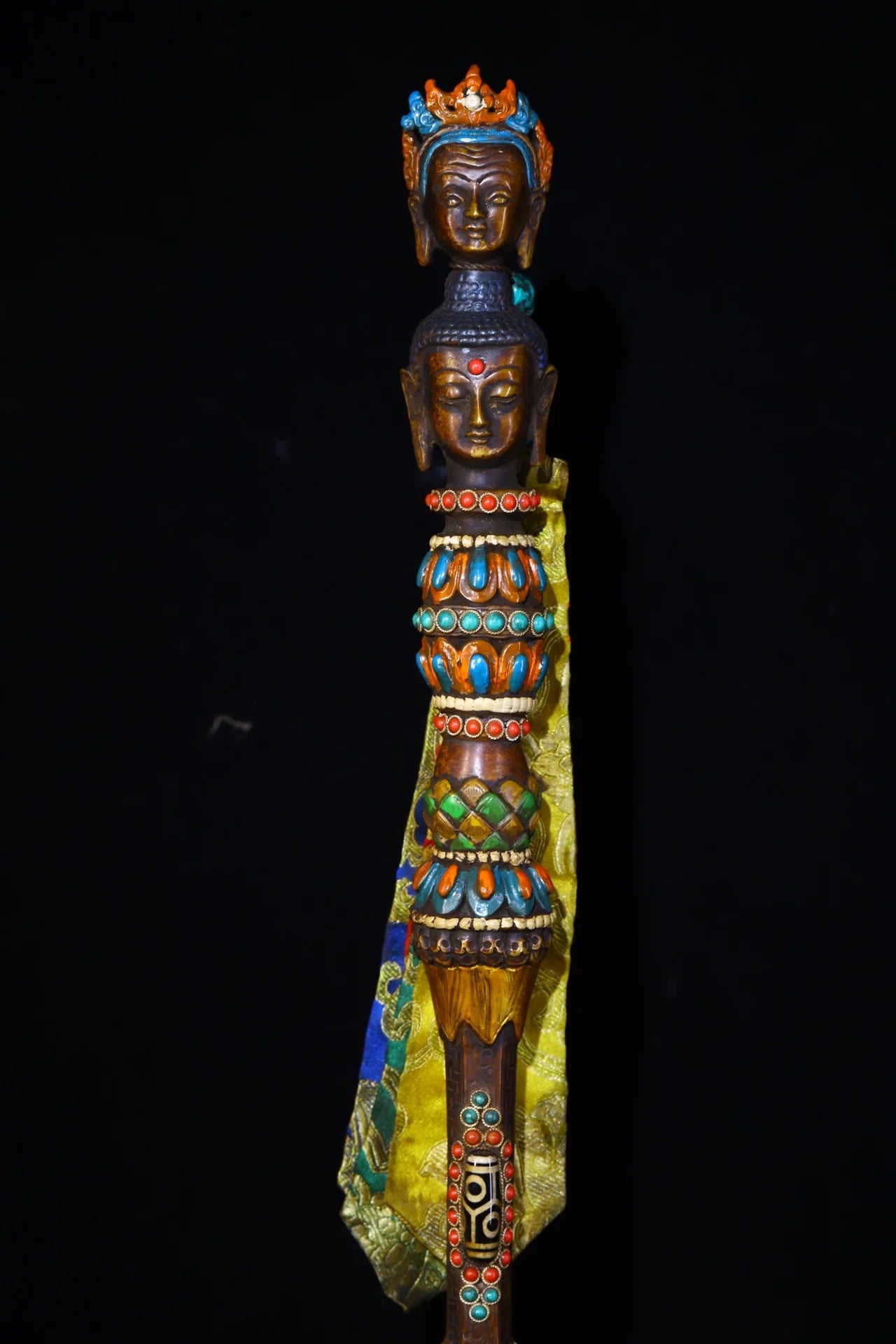 21"Tibet Temple Collection Old Bronze Tracing Mosaic Gem Dzi Bead Buddha Head Dorje Vajra Phurpa Amulet Dharma Town House