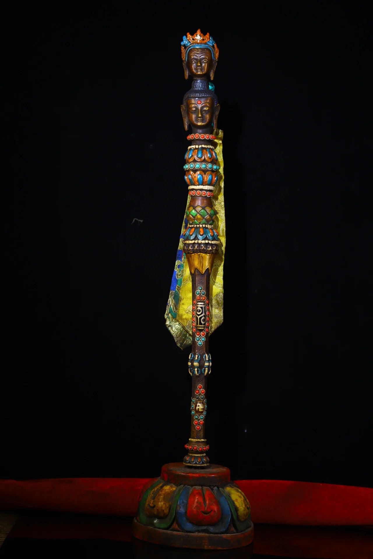 21"Tibet Temple Collection Old Bronze Tracing Mosaic Gem Dzi Bead Buddha Head Dorje Vajra Phurpa Amulet Dharma Town House