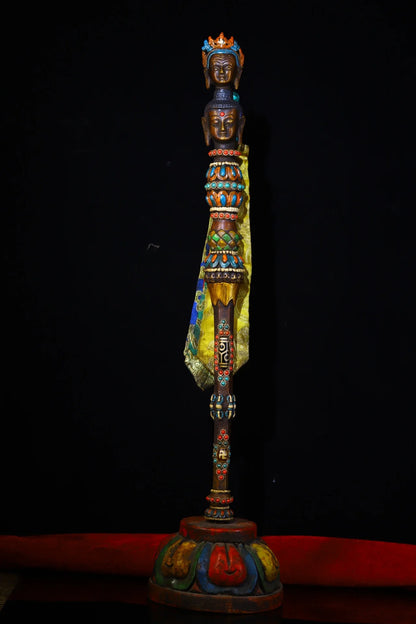 21"Tibet Temple Collection Old Bronze Tracing Mosaic Gem Dzi Bead Buddha Head Dorje Vajra Phurpa Amulet Dharma Town House