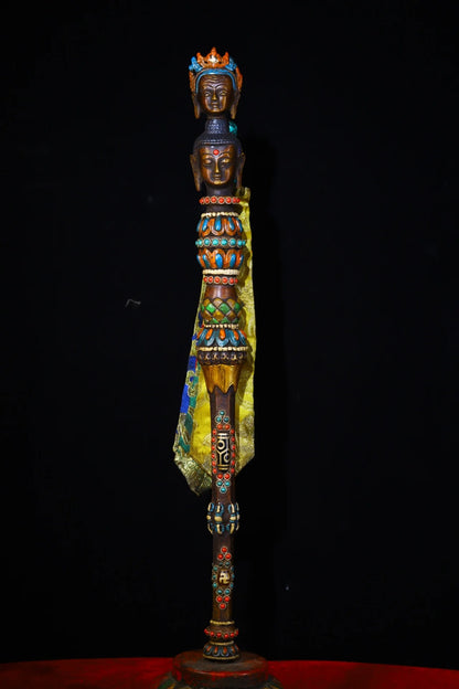 21"Tibet Temple Collection Old Bronze Tracing Mosaic Gem Dzi Bead Buddha Head Dorje Vajra Phurpa Amulet Dharma Town House