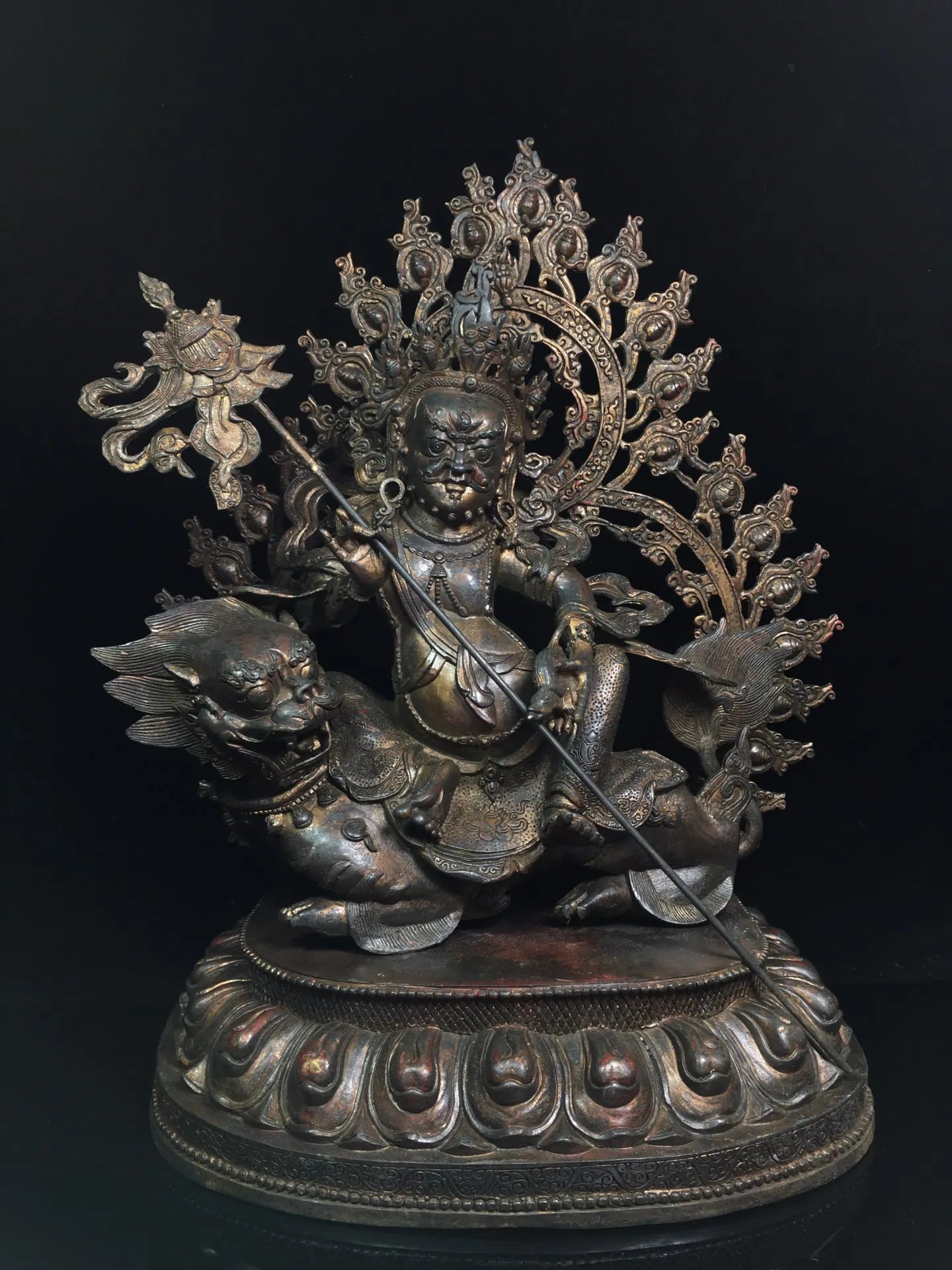 21"Tibetan Temple Collection Old Bronze Cinnabar Mud gold Vaisravana Buddha Treasure King Backlight Lotus Platform Worship Hall